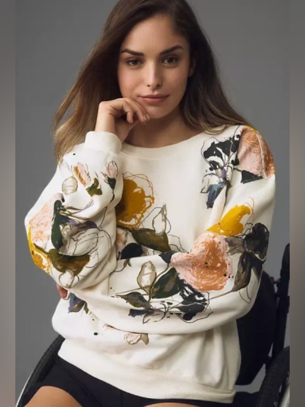 Pilcro - Anthropologie The Niki Bubble Cream Floral Sweatshirt Women's Size L - Picture 2 of 16